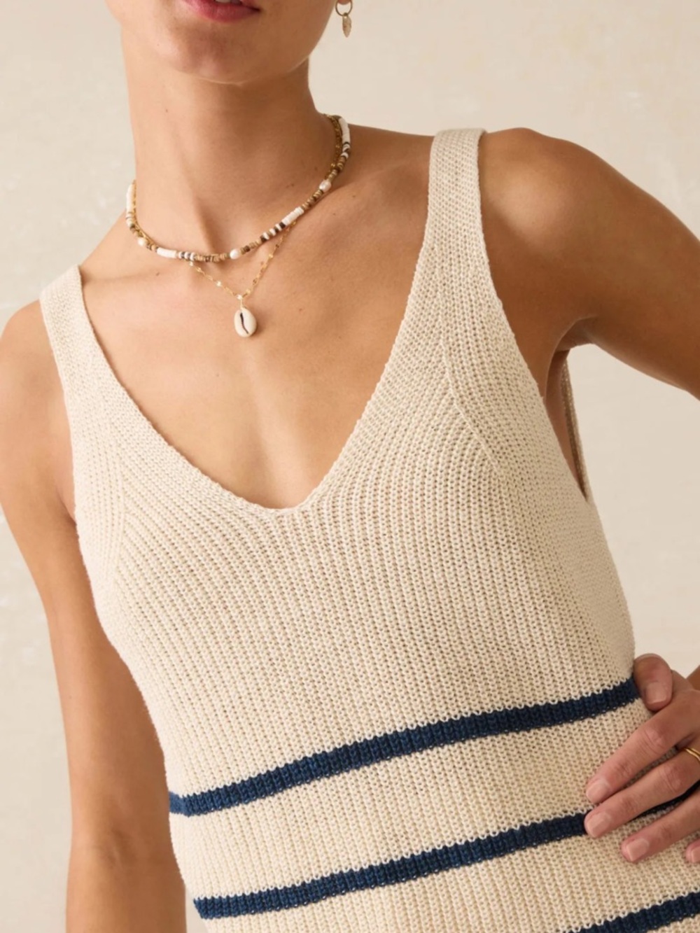NWT Faherty Miramar Linen Organic Cotton V-neck Knit Tank - Sand Cove Stripe - M